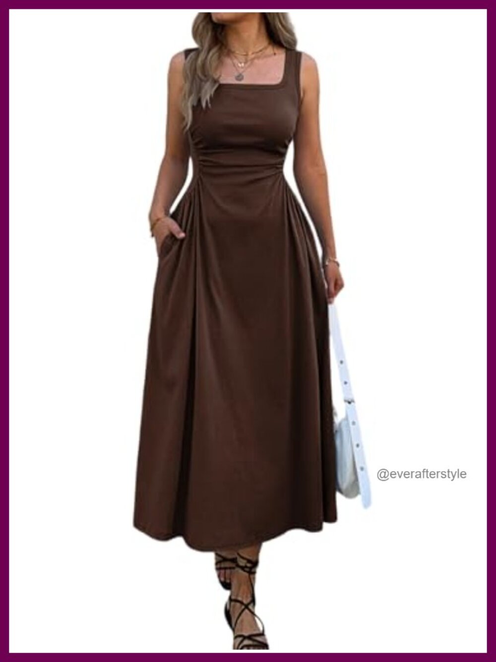 Women's Square Neck Sleeveless Maxi Dress Ruched Waist with Pockets